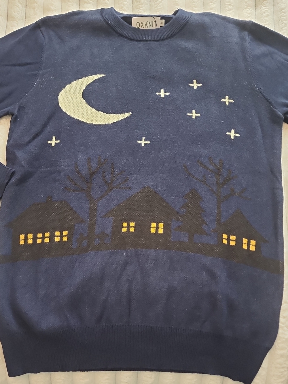 OXKNIT Navy Nightscape Sweater with Moon and Village